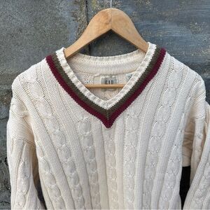 90s Vtg GAP Cable Tennis Sweater Varsity Sz M Preppy Knit 100% Cotton